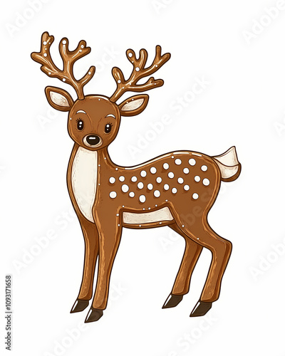 Cute gingerbread  cartoon deer with antlers and spots standing on a white background  Deer photo