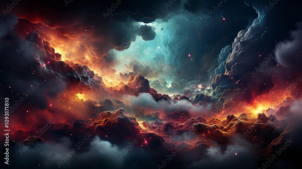 A colorful, starry sky with a few clouds