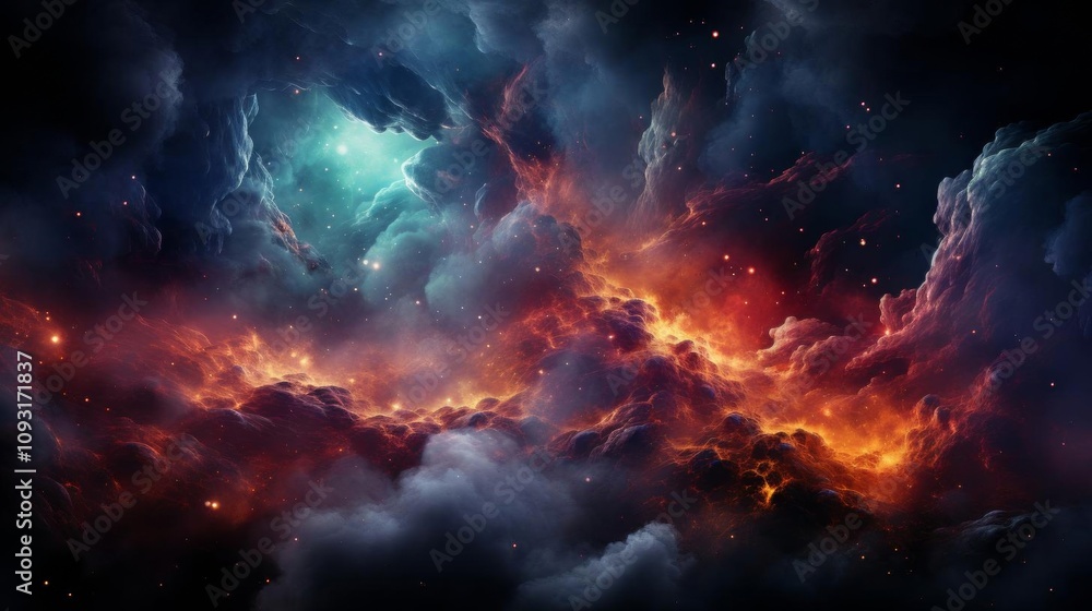 Fototapeta premium A colorful space scene with a large cloud of orange and red