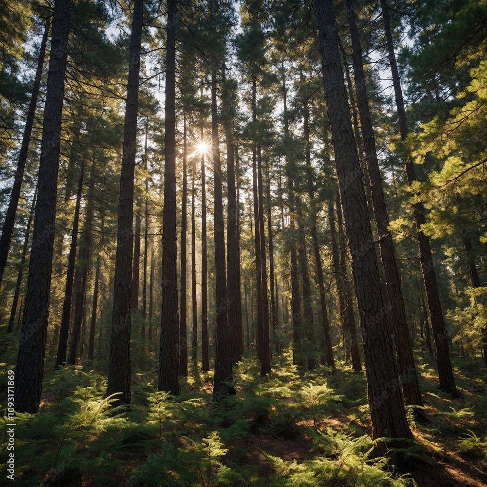 A vast forest with towering pine trees, dappled sunlight shining through the branches.
A vast forest with towering pine trees, dappled sunlight shining through the branches.