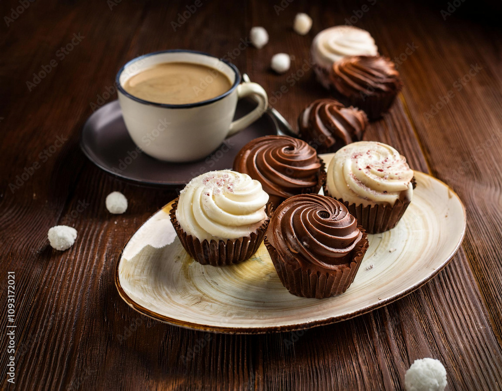 A plate of delicious-looking chocolate and vanilla cupcakes with swirled frosting is served alongside a cup of coffee on a wooden table. A plate of delicious-looking chocolate and vanilla cupcakes with swirled frosting is served alongside a cup of coffee on a wooden table.