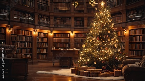 A beautifully decorated Christmas tree with ornaments glowing in a library filled with books and festive lights.