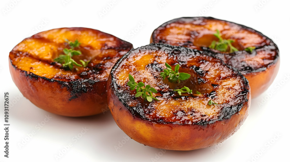Photo Grilled Peach Halves Thyme Garnish