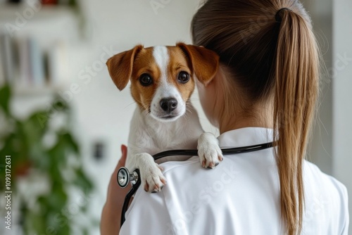 In a cheerful clinic, a compassionate veterinarian cradles a joyful dog, showcasing their dedication to pet care and emphasizing the importance of health and wellbeing in a trusting environment photo