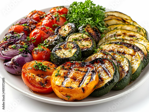 Photo Grilled Vegetables Zucchini Tomato Onion Pepper Parsley