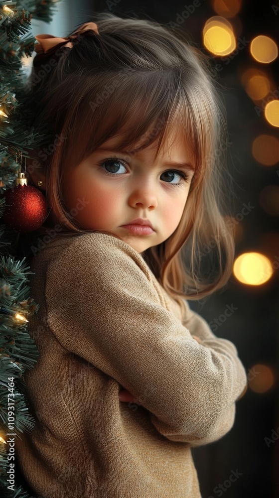 hyper realistic photo of  A little girl standing in front of a christmas tree , isolated on white background,  , copy space, copy space for text,