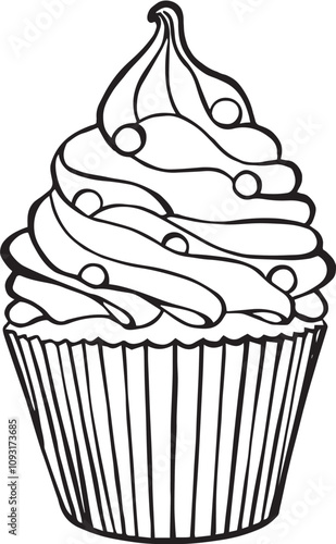 Christmas cupcake, dessert, New Year's sweets, pastries. The vector illustration is hand-drawn using the graphic technique. For decoration of holidays, Christmas, postcards, invitations, packaging