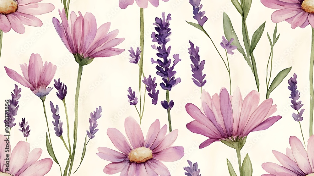 Fototapeta premium Seamless watercolor pattern with pastel daisies and lavender sprigs, soft pinks and light purple hues, delicate green stems, loose brush strokes, airy and natural look, intricate design,