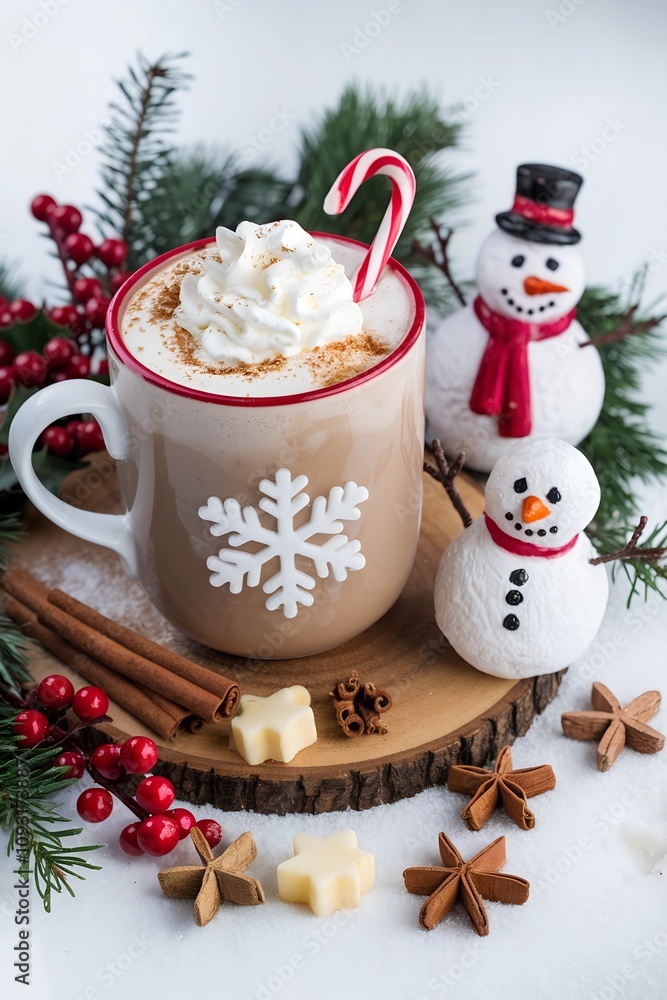 A cozy winter-themed composition featuring a festive mug of hot chocolate topped with whipped cream, cinnamon sticks, and a candy cane. The mug is adorned with a snowflake design and surrounded by dec A cozy winter-themed composition featuring a festive mug of hot chocolate topped with whipped cream, cinnamon sticks, and a candy cane. The mug is adorned with a snowflake design and surrounded by dec