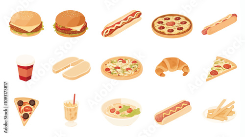 Fast food icons set. Isometric set of fast food vector icons for web design
