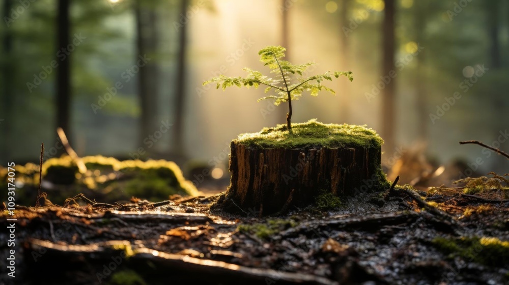 Fototapeta premium A small tree is growing on a log in the woods
