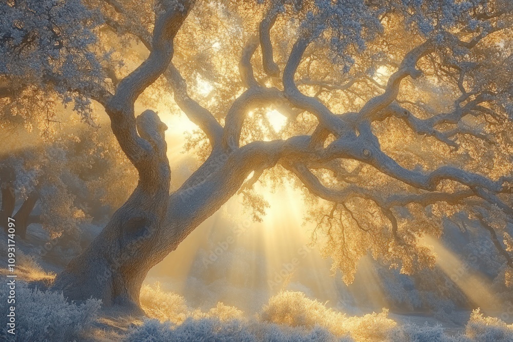 Naklejka premium Majestic Oak Tree Bathed In Golden Sunrise Light