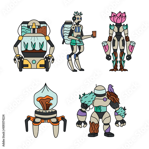 Robots helpers  vector color illustration.