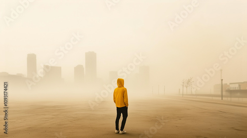 A lone figure in a bright y...