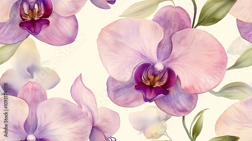 Soft pastel orchids in a seamless watercolor pattern, delicate petal details, light pink and lavender tones, airy green leaves, pale muted backdrop, flowing and fluid brush strokes,