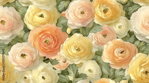 Soft pastel ranunculus flowers in a seamless watercolor pattern, delicate green leaf clusters, muted shades of pink and yellow, loose hand-painted style, airy composition, intricate floral details,