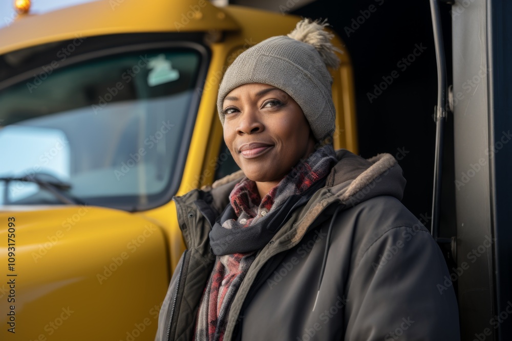 Smiling portrait of a African American middle aged female truck driver Smiling portrait of a African American middle aged female truck driver