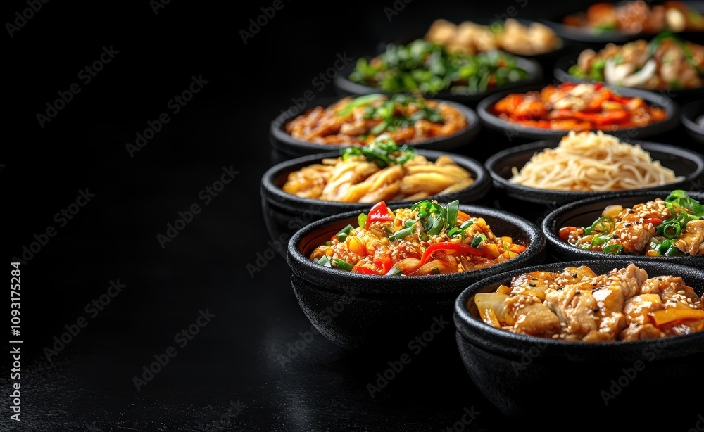 A Colorful Array of Delicious Asian Dishes Presented in Black Bowls on a Dark Surface, Perfect for Showcasing Culinary Diversity and Culinary Arts A Colorful Array of Delicious Asian Dishes Presented in Black Bowls on a Dark Surface, Perfect for Showcasing Culinary Diversity and Culinary Arts