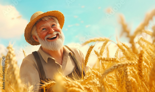 Happy farmer in a wheat farm field, agriculture card concept, cartoon illustration, generated ai