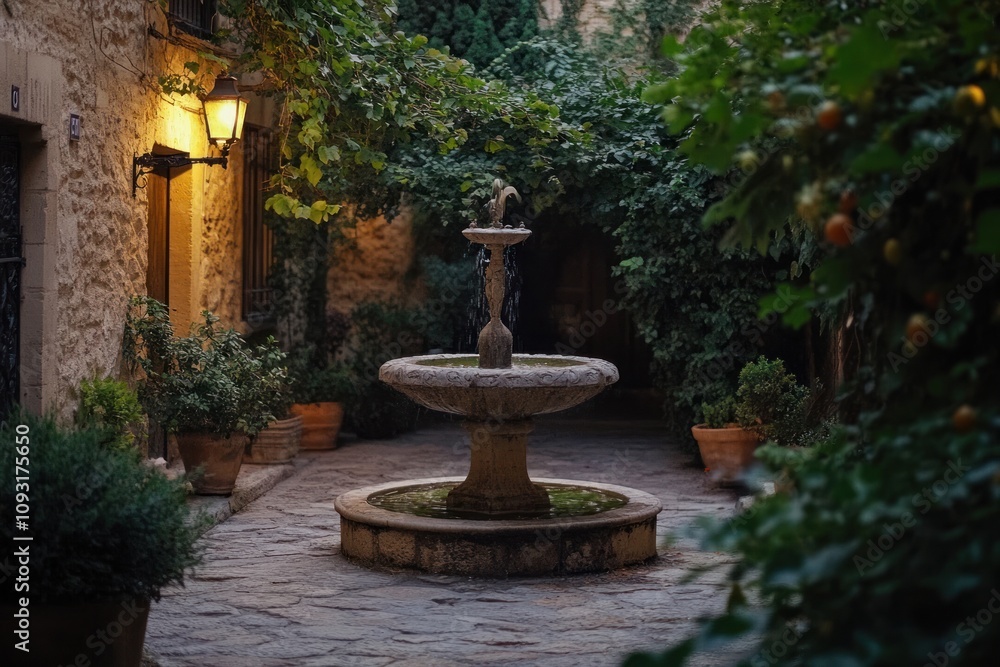 Stone Fountain In A Serene Courtyard Garden At Night Stone Fountain In A Serene Courtyard Garden At Night