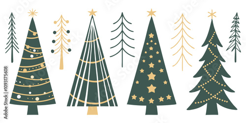 whimsical set of minimalist Christmas tree illustrations, each with a unique design.