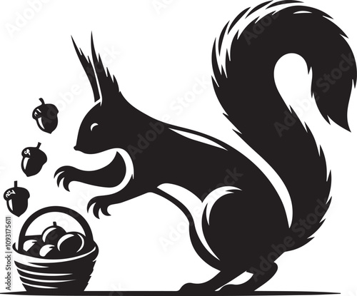 A squirrel tipping over a small basket of acorns silhouette vector