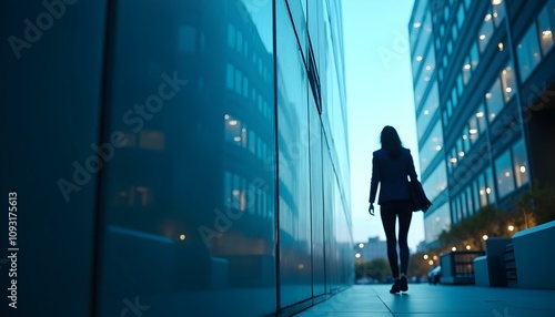 close up of a corporate skyscraper, low-angle shot emphasizing its angular architecture, with a blurred silhouette of a Hispanic female figure in professional attire walking by create with ai