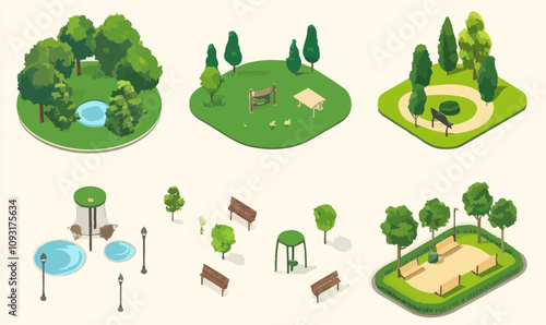 Isometric Park Set Vector Illustration with Trees, Benches, and Paths for Leisure Design