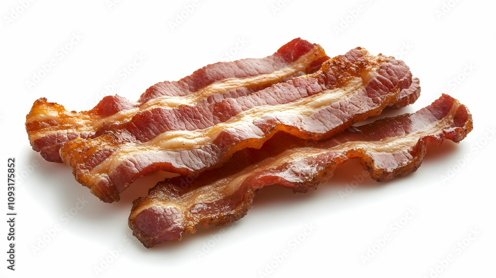 Photo Cooked Bacon Strips Isolated on White Photo Cooked Bacon Strips Isolated on White