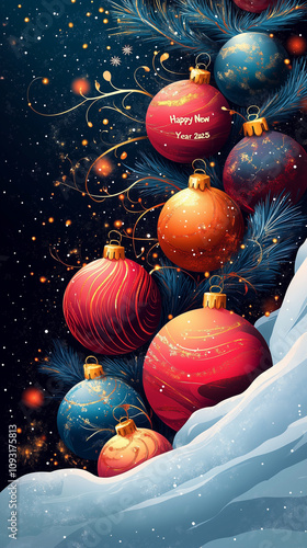 Text Happy New Year and Merry Christmas, banner, copy space, Christmas ornaments