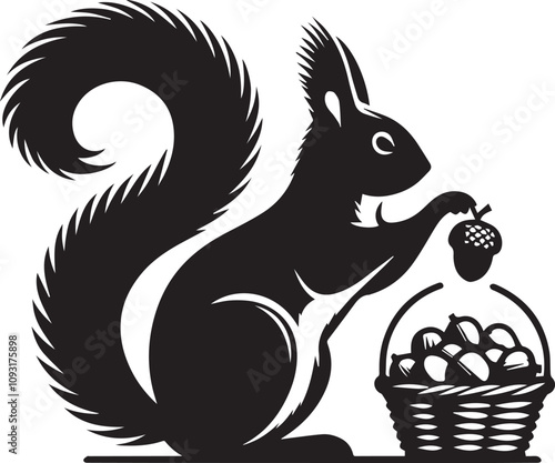 A squirrel tipping over a small basket of acorns silhouette vector