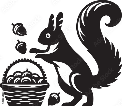 A squirrel tipping over a small basket of acorns silhouette vector