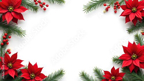 Christmas frame with poinsettia and fir branches. Concept of winter holidays, celebration, and festive season.