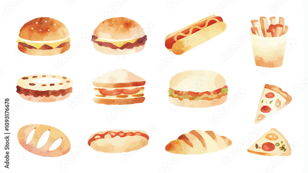 Set of watercolor fast food icons. Hamburger, hot dog, pizza, french fries, sandwich, hamburger. Set of watercolor fast food icons. Hamburger, hot dog, pizza, french fries, sandwich, hamburger.