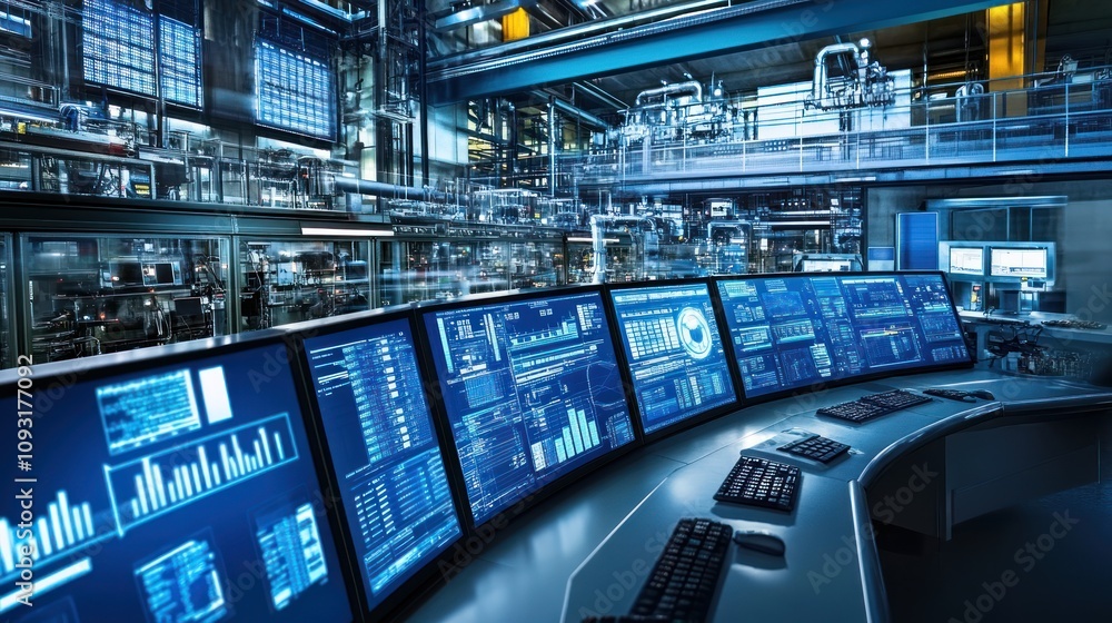 Fototapeta premium A high-tech control room with multiple screens displaying data and analytics.