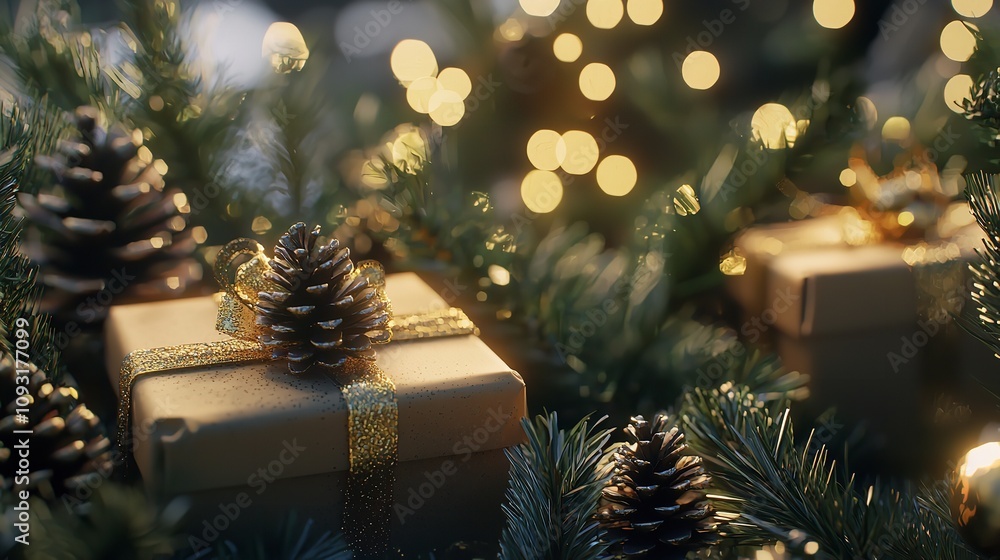 Gift boxes, pine cones, and branches on the background