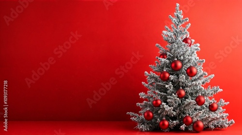 A 3D animated Christmas tree on a red background. photo