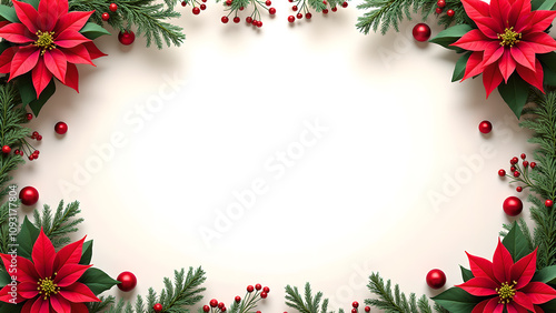 Christmas frame with poinsettia and fir branches. Holiday design concept.