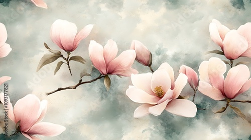 Watercolor seamless design of magnolia flowers, light pastel hues, delicate pink and white petals, soft green foliage, airy and natural composition, hand-drawn style, intricate textures,