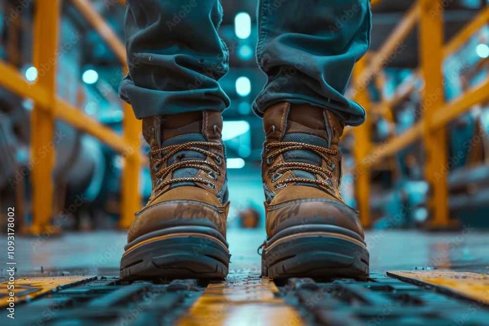 Close up of safety workers shoes in factory Close up of safety workers shoes in factory