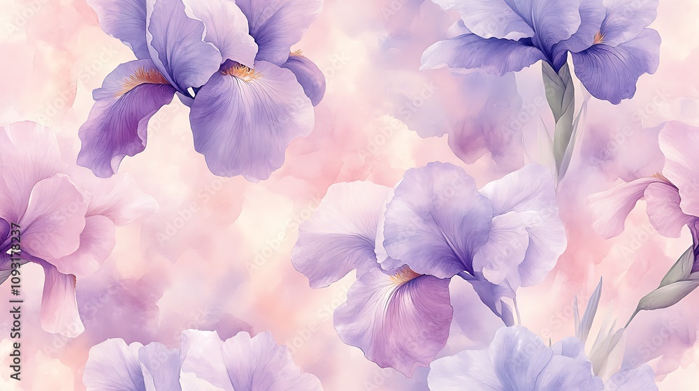 Fototapeta premium Watercolor seamless design of pastel irises, gentle lavender and blush tones, soft petals, lush flowing leaves, loose and airy brush strokes, dreamy hand-painted effect, intricate details,