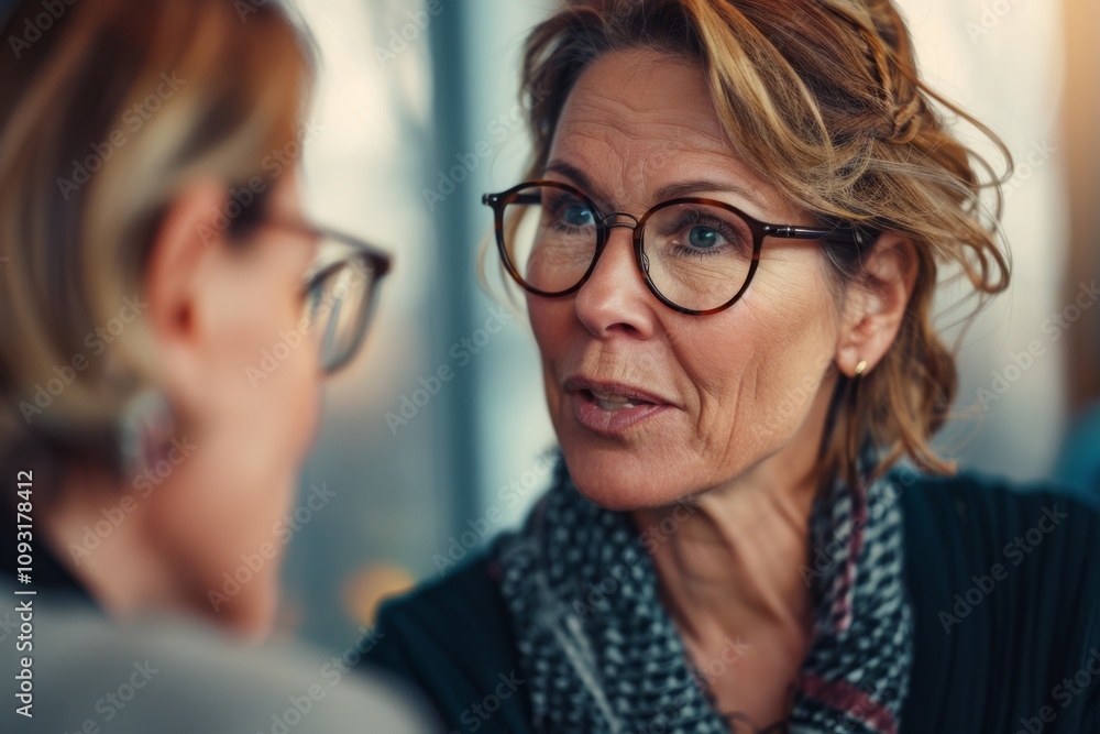 Middle aged professional businesswoman wearing glasses talking to colleague in office Middle aged professional businesswoman wearing glasses talking to colleague in office