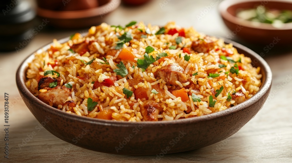 Delicious chicken and vegetable rice pilaf in a rustic bowl. Delicious chicken and vegetable rice pilaf in a rustic bowl.