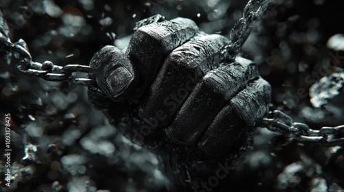 Chains bound the hand in a dark display of strength.