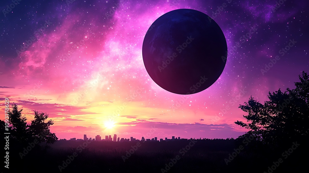 Enchanting Cosmic City Skyline at Sunset, Merging Vibrant Colors of a Bustling Urban Landscape with Celestial Elements and Cosmic Wonders Enchanting Cosmic City Skyline at Sunset, Merging Vibrant Colors of a Bustling Urban Landscape with Celestial Elements and Cosmic Wonders