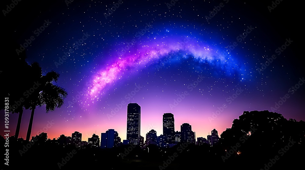 Fototapeta premium Captivating Dusk Cityscape with a Vibrant Skyline Under a Starry Sky and Milky Way Arching Over Tall Buildings in a Bustling Urban Environment