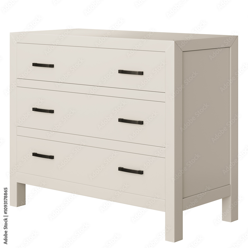 A white dresser with three drawers and black handles A white dresser with three drawers and black handles