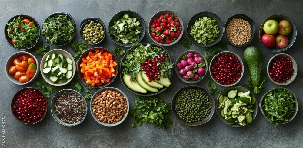 Fresh and Colorful Ingredients Displayed in Bowls on a Grey Surface for Healthy Cooking and Meal Preparation Ideas, Featuring Variety of Vegetables, Fruits, and Grains Fresh and Colorful Ingredients Displayed in Bowls on a Grey Surface for Healthy Cooking and Meal Preparation Ideas, Featuring Variety of Vegetables, Fruits, and Grains