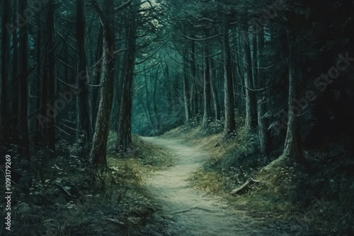 Serene Forest Path Winding Through Dark Trees photo