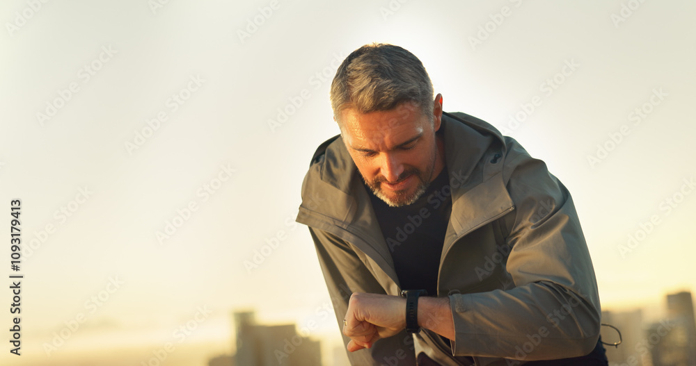 Check time, fitness and man in city, health and confidence with schedule, exercise and challenge. Mature person, outdoor and guy with wristwatch, tracking or monitoring training with fatigue or tired Check time, fitness and man in city, health and confidence with schedule, exercise and challenge. Mature person, outdoor and guy with wristwatch, tracking or monitoring training with fatigue or tired